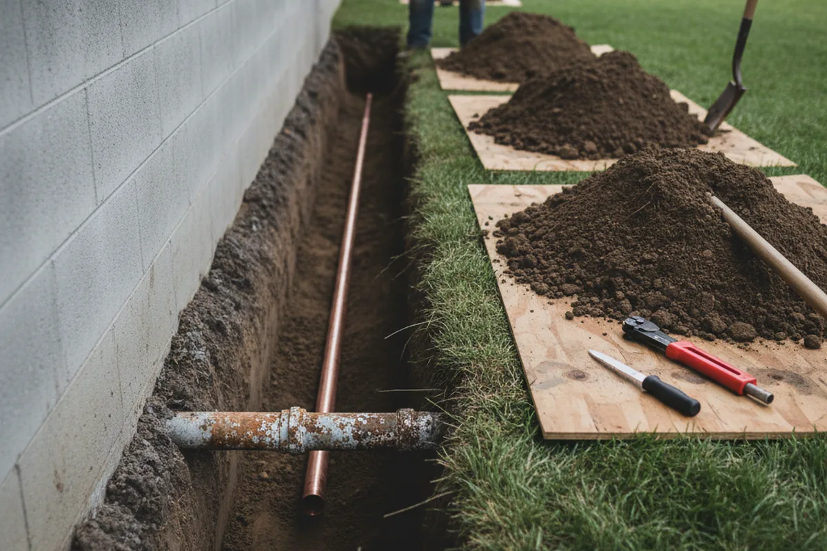 Excavated water line trench during Water Softener Installation in Fishers